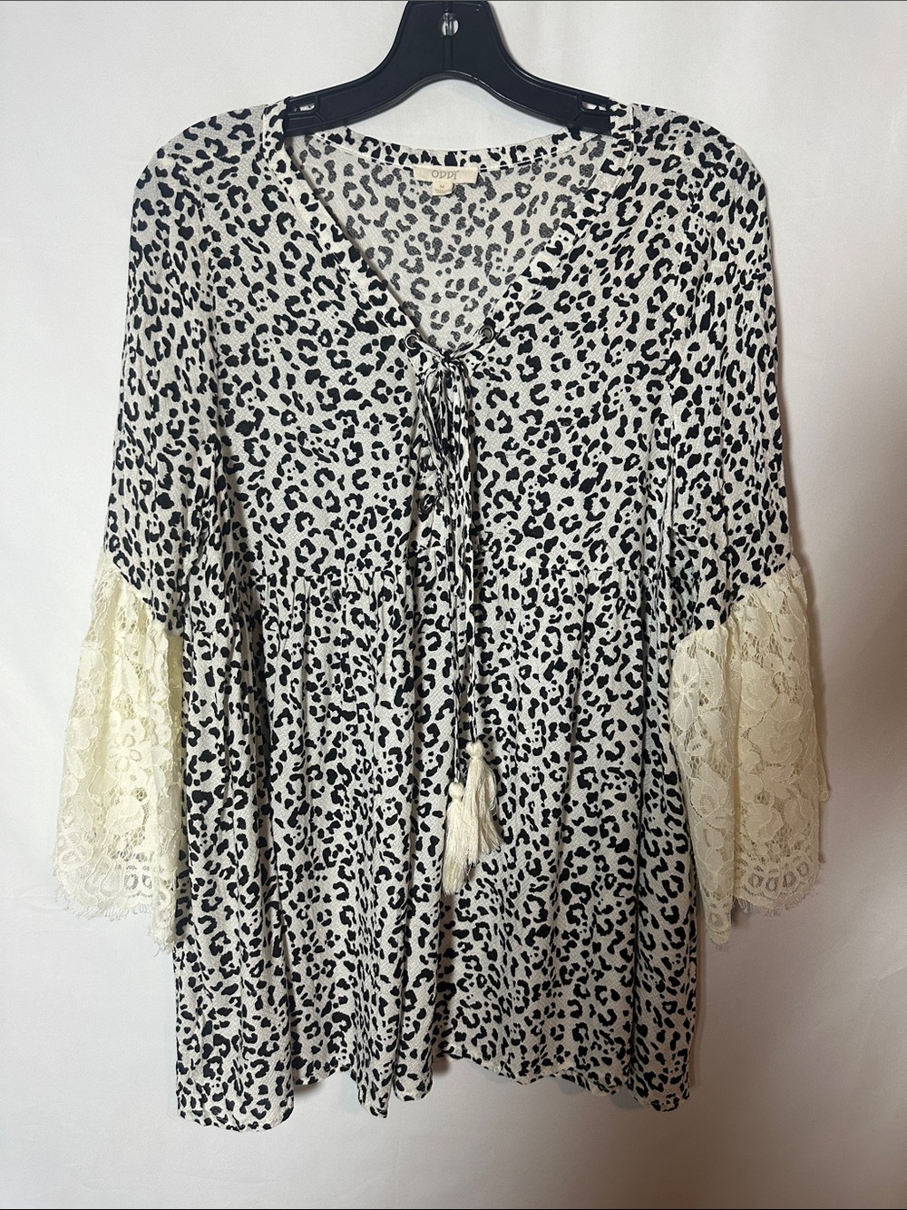 ODDY Leopard Print Tunic with Cream Lace Bell Sleeves